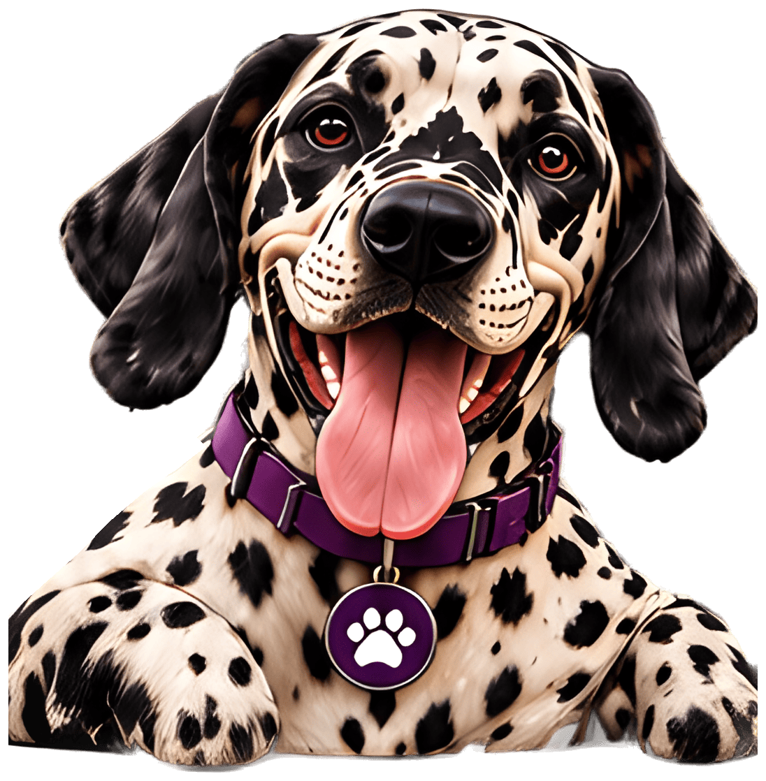 Harley, a smiling Dalmatian wearing a Pumbah tag.