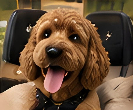 A curly-haired brown dog resting comfortably in the bus.