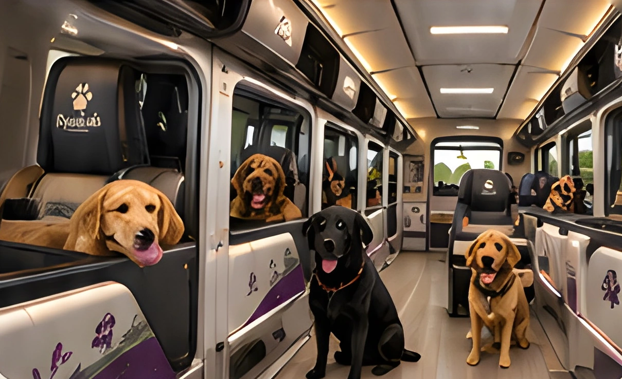 Inside the Pumbah Dog Bus with individual travel spaces.