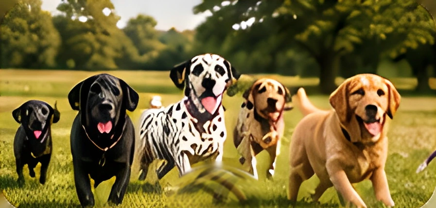 Labradors, a Dalmatian and golden retrievers together on an adventure.