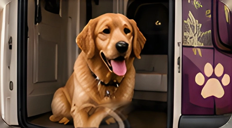 A contented golden retriever resting happily back at home.
